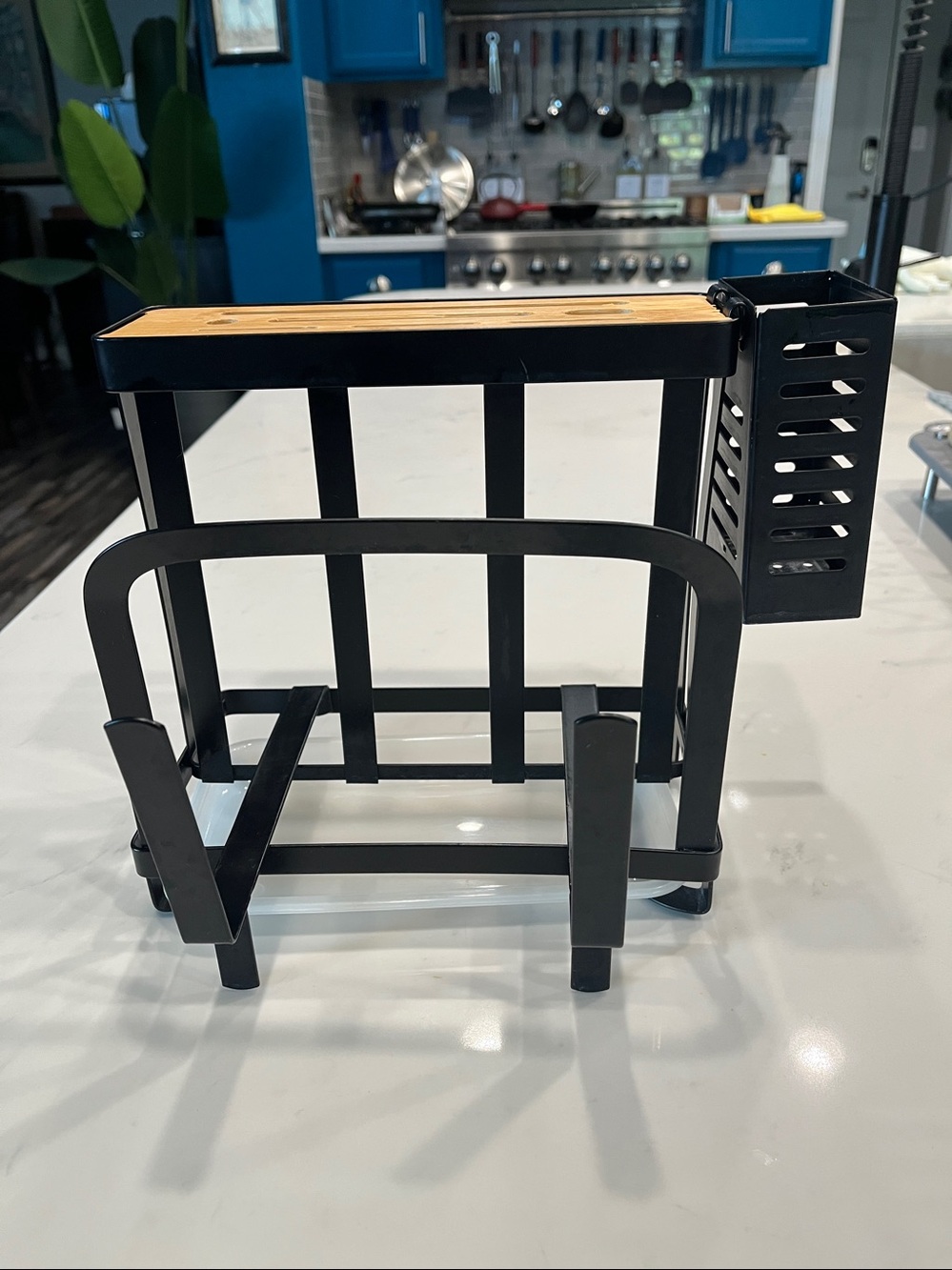 Bamboo Top Black Metal Utensil and Cutting Board Organizer